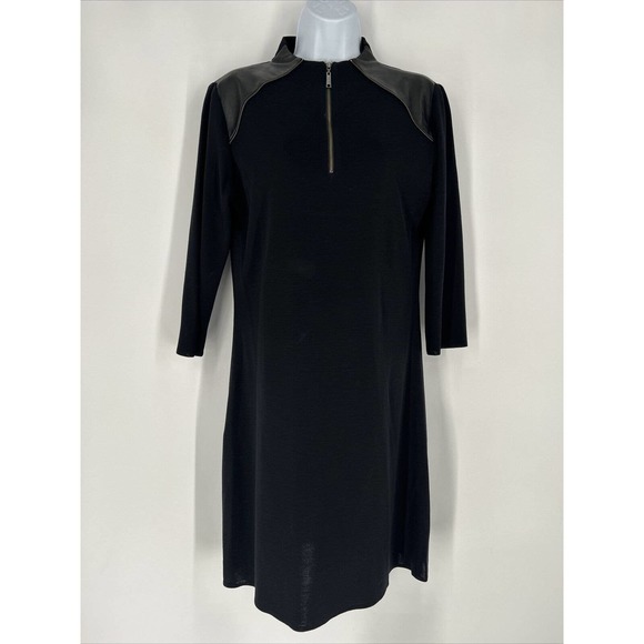 Misook Dress Sz Small Black‎ Shift Dress Leather Trim Long Sleeve Zipper Accent - Picture 1 of 7
